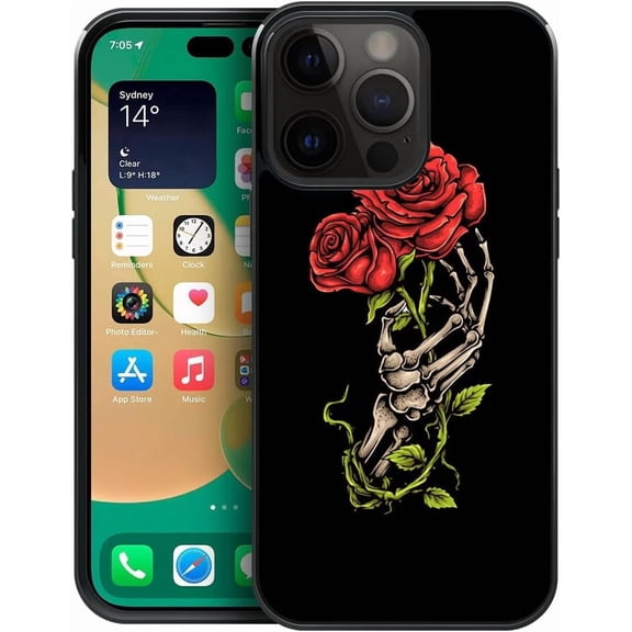 Compatible with iPhone 14 Plus Case,Pattern Design Hard PC Back Cover Non-Slip Soft TPU Protective Case for iPhone 14 Plus for Women 6.7inch-Red Rose Skull