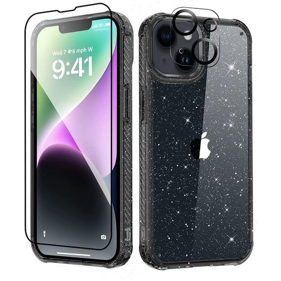 Compatible with iPhone 14 Plus Case with Screen Protector + Camera Lens Protector, Non Yellowing Clear Glitter Protective Phone Case, Slim for iPhone 14 Plus 6.7 Inch 2022 - Sparkle Black