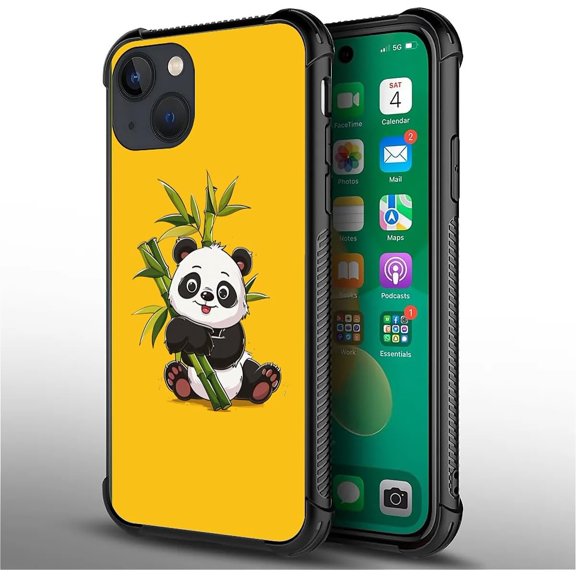 Compatible with iPhone 14 Plus Case, Ultimate Protection: Back+Soft Silicone Acrylic TPU Design for Shockproof Fall Prevention Cute Cartoon Panda Holding Bamboo