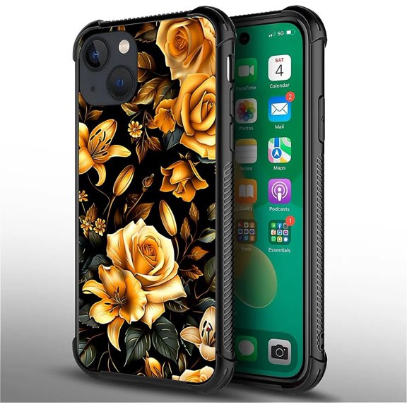 Compatible with iPhone 14 Plus Case, Ultimate Protection: Back+Soft Silicone Acrylic TPU Design for Shockproof Fall Prevention Yellow Roses and Lilies