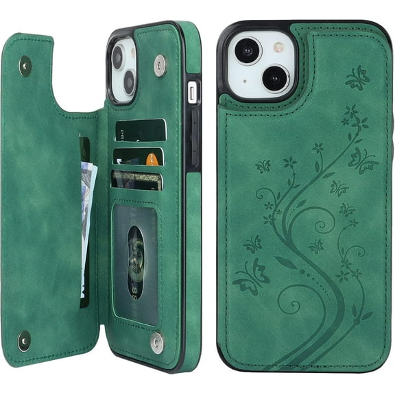 Compatible with iPhone 14 Plus Case Wallet with Card Holder, Embossed Mandala Pattern Flower PU Leather Double Buttons Flip Shockproof Cover for Magnetic Car Mount 6.7 Inch (Dark Green)