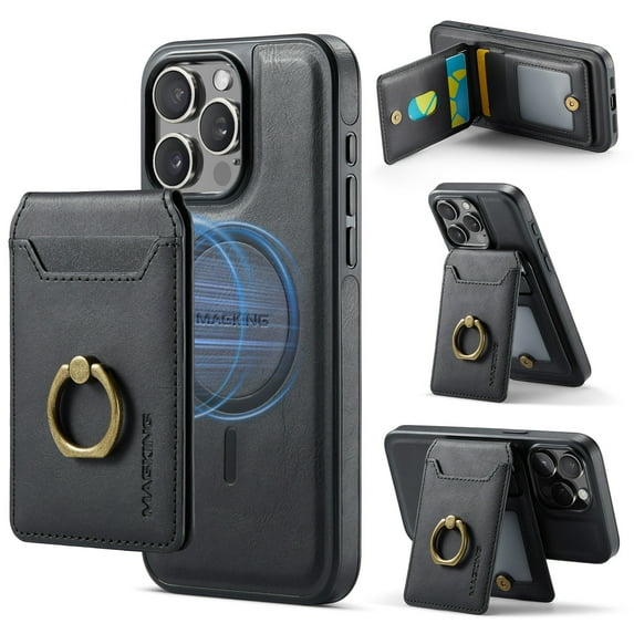 Compatible with iPhone 14 Plus Case Wallet with Removable Credit Card,Ring Holder, Premium PU Leather Magnetic Clasp Kickstand Heavy Duty Shockproof Protective Phone Case,Black