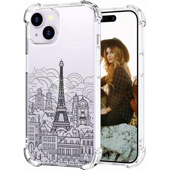 Compatible with iPhone 14 Plus Case for Women Girls Clear Design Cute, Protector Girly Transparent Eiffel Tower Paris Cityscape Clouds Buildings Skyline City Tour