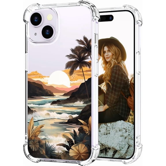 Compatible with iPhone 14 Plus Case for Women Girls Clear Design Cute, Protector Girly Transparent Ocean Beach Mountain Sunset Sun Sea Palm Trees Clouds Hills Tropical
