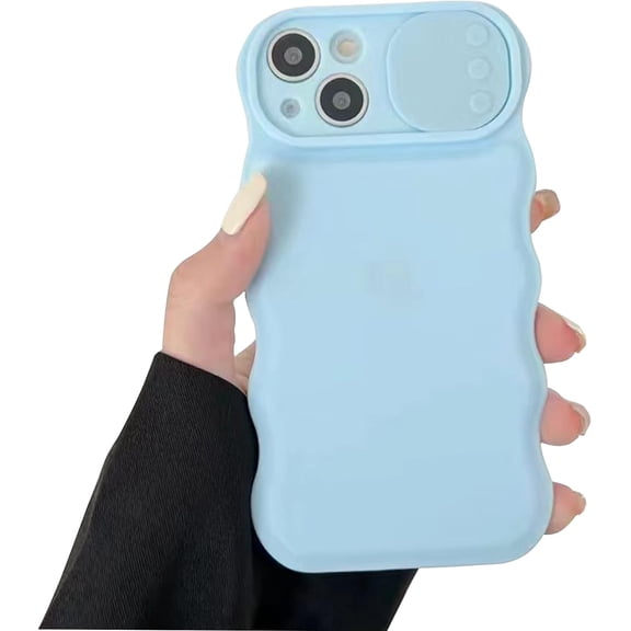 Compatible with iPhone 14 Plus Case for Women/Girls, Cute Curly Wave Soft Silicone Push-Pull Lens Protection Anti-Scratch Shockproof Raised Bumper Corners Case for iPhone 14 Plus, Blue