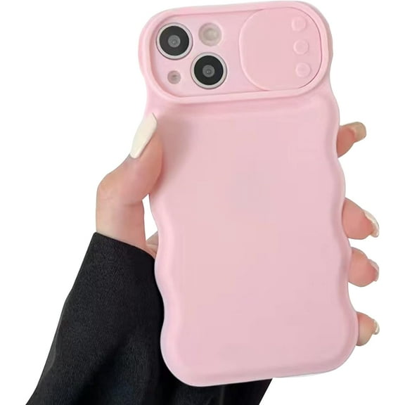 Compatible with iPhone 14 Plus Case for Women/Girls, Cute Curly Wave Soft Silicone Push-Pull Lens Protection Anti-Scratch Shockproof Raised Bumper Corners Case for iPhone 14 Plus, Pink