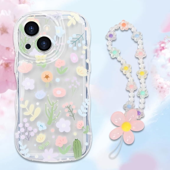 Compatible with iPhone 14 Plus Clear Case Curly Wave Frame Floral Lace Shape TPU Slim Camera Protection Phone Cover with Flower Beaded Lanyard Wrist Strap Design Case for Women Girls