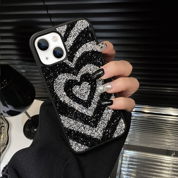 Compatible with iPhone 14 Plus Diamond Bling Case for Women Girls 3D Glitter Love Heart Luxury Rhinestone Crystal Unique Cute Protection Shockproof Cover