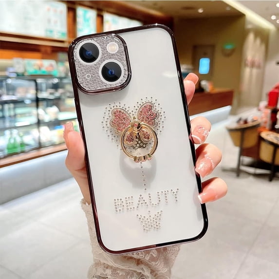 Compatible with iPhone 14 Plus with Kickstand Bling Diamond Glitter Butterfly Clear Back Soft TPU Case with Ring Holder Stand Shiny Sparkly Protective Phone Case for Women Girls Black