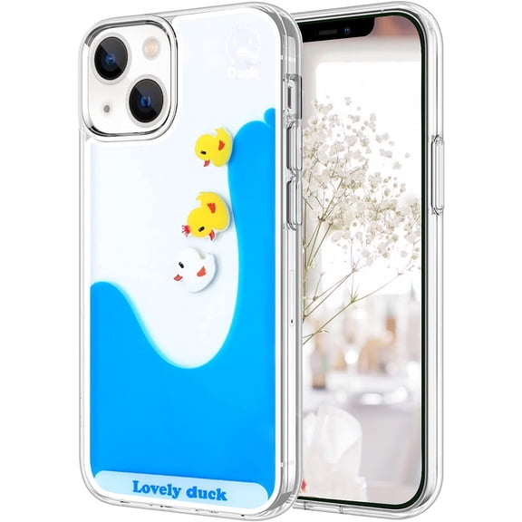 Compatible with iPhone 14 Plus Liquid Case Cute Funny Cartoon Moving Water Duck Quicksand Flowing Floating Waterfall Protective Cover Soft Silicone Rubber Case for iPhone 14 Plus White