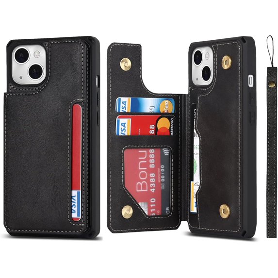 Compatible with iPhone 14 Plus Luxury PU Leather Case with Card Holder,Cash Slots,Stand Function Back Wallet Case Flip Wrist Strap Double Magnetic Clasp Case for iPhone 14 Plus 6.7",Black