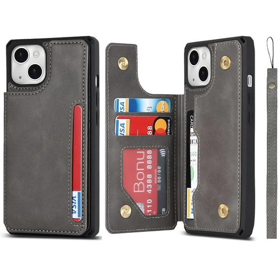 Compatible with iPhone 14 Plus Luxury PU Leather Case with Card Holder,Cash Slots,Stand Function Back Wallet Case Flip Wrist Strap Double Magnetic Clasp Case for iPhone 14 Plus 6.7",Gray