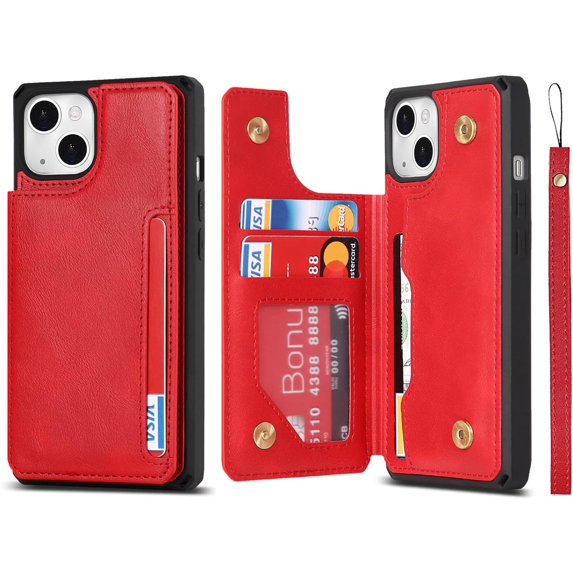 Compatible with iPhone 14 Plus Luxury PU Leather Case with Card Holder,Cash Slots,Stand Function Back Wallet Case Flip Wrist Strap Double Magnetic Clasp Case for iPhone 14 Plus 6.7",Red