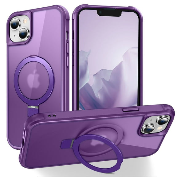 Compatible With iPhone 14 Plus Magnetic Case Wireless Charging Built-in 120° Rotate Ring Holder[Hidden Kickstand] Shock-absorbent Hard PC Lightweight Plain Translucency Phone Cover,Purple