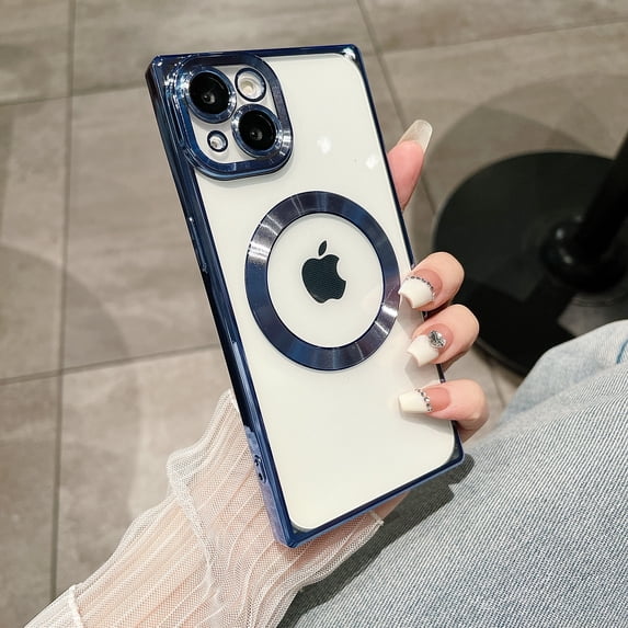 Compatible with iPhone 14 Plus Magnetic Clear Case, Luxury Plating Bling Transplant Shockproof MagSafe Case with Full Camera Lens Protector for iPhone 14 Plus Women Girl Men Elegant - Blue