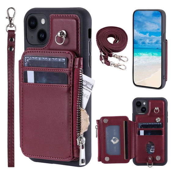 Compatible with iPhone 14 Plus PU Leather Clasp Flip Zipper Purse Case, with Shoulder Strap Lanyard for Women Credit Card Holder Cell Accessories Phone Cover for iPhone 14 Plus, Winered