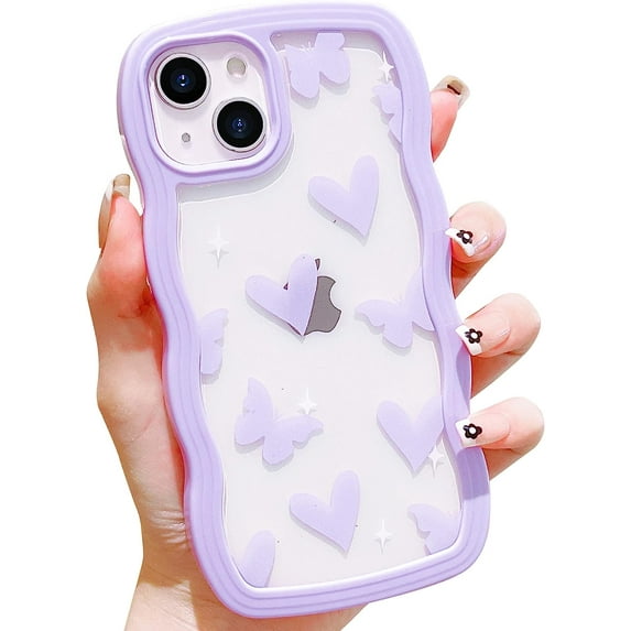 Compatible with iPhone 14 Plus Phone Case Butterfly Heart Cute Pattern for Women Girls Aesthetic Kawaii Wave Edge Protection Soft TPU Transparent Case for iPhone 14 Plus-Purple