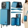 thumbnail image 1 of Compatible With iPhone 14 Plus Phone Case Zipper Card Pocket Kicktstand Crossbody Strap PU Leather Shock-absorbent Anti-Fingerprint Lightweight Luxury Plain Cover for Men or Women,Blue, 1 of 9