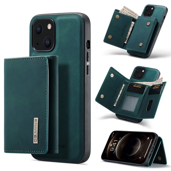 Compatible with iPhone 14 Plus Removable 2 in 1 Wallet Case,Retro Premium PU Leather Cell Phone Back Cover Magnetic Detachable with Trifold Wallet Credit Card Cash Holder Kickstand Case,Green