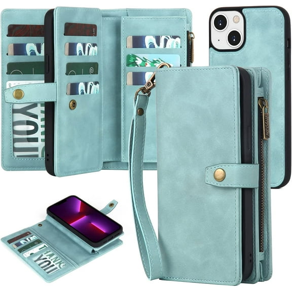 Compatible with iPhone 14 Plus Wallet Case,2 in 1 Detachable Magnetic Wallet Case with Card Holder,Zipper,Pouch Pocket Cover Case with Wrist Strap, Card Slots for iPhone 14 Plus Green