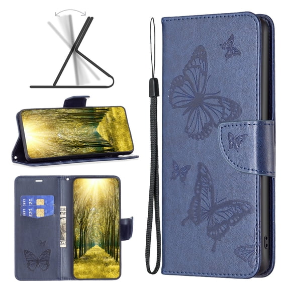 Compatible for iPhone 14 Plus Wallet Case 2022, Allytech Embossed Butterfly PU Leather Anti-Scratch Kickstand Case with Hand Strap for iPhone 14 Plus 6.7" 5G, Blue