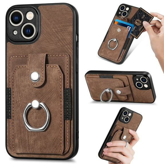 Compatible with iPhone 14 Plus Wallet Case with Card Holder, Premium PU Leather 360° Rotation Ring Holder Kickstand Shockproof Phone Case Cover for Apple iPhone 14 Plus 6.7", Brown