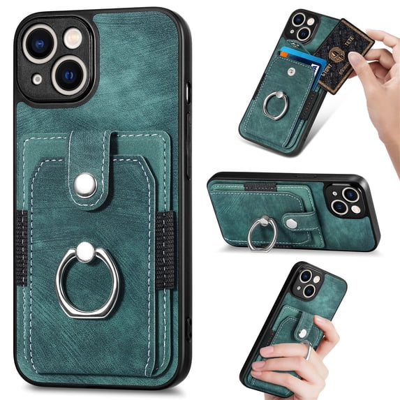 Compatible with iPhone 14 Plus Wallet Case with Card Holder, Premium PU Leather 360° Rotation Ring Holder Kickstand Shockproof Phone Case Cover for Apple iPhone 14 Plus 6.7", Green