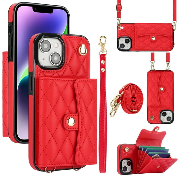 Compatible with iPhone 14 Plus Wallet Case with Crossbody Strap and Wrist Strap, RFID Blocking Stand PU Leather Credit Card Holder Cell Accessories Phone Cover Magnetic Buckle - Red