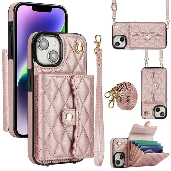 Compatible with iPhone 14 Plus Wallet Case with Crossbody Strap and Wrist Strap, RFID Blocking Stand PU Leather Credit Card Holder Cell Accessories Phone Cover Magnetic Buckle - Rosegold