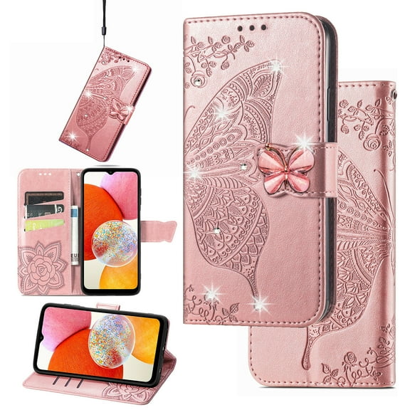 Compatible with iPhone 14 Plus Wallet Case, [Kickstand Feature][Wrist Strap][Card Slots][3D Bling Rhinestone Emboss Butterfly] Leather Magnetic Flip Case for Apple iPhone 14 Plus, Rosegold