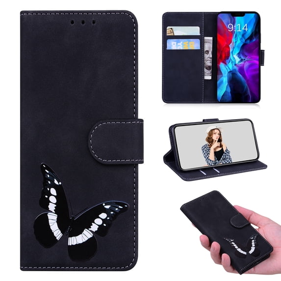 Compatible with iPhone 14 Plus Wallet Case, PU Leather Butterfly Design for Women for Girls Protective Leather Case with Kickstand and Card Slots for iPhone 14 Plus, Black
