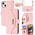 thumbnail image 1 of Compatible with iPhone 14 Plus Wallet Case, Premium PU Leather Card Slots Removable Adjustable Crossbody Strap Magnetic Leather Case with Kickstand & Make-up Mirror for iPhone 14 Plus, Pink, 1 of 7