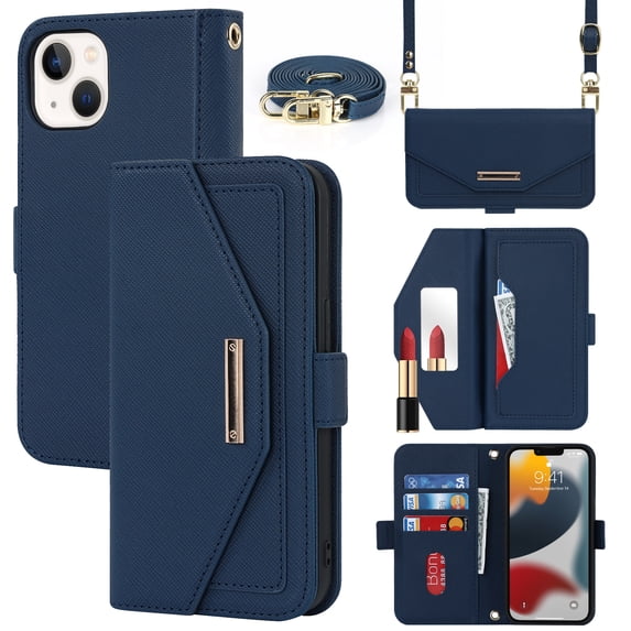 Compatible with iPhone 14 Plus Wallet Case, Premium PU Leather Card Slots Removable Adjustable Crossbody Strap Magnetic Leather Case with Kickstand & Make-up Mirror for iPhone 14 Plus, Blue