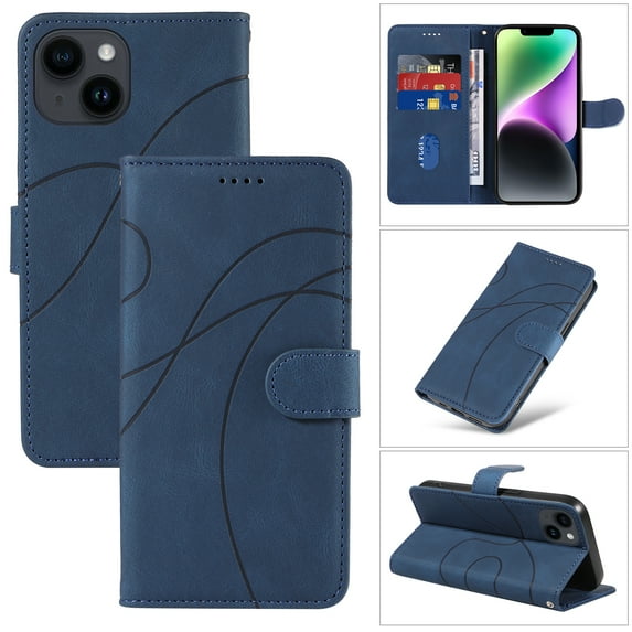 Compatible with iPhone 14 Plus Wallet Case, Protective Vintage Premium PU Leather Flip with Card Holders Kickstand & Wrist Strap Folio Case Cover for Men Women for iPhone 14 Plus, Darkblue