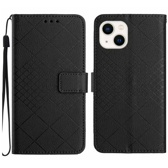 Compatible for iPhone 14 Plus Wallet Case Rhombus Skin Feel Strong Magnetic PU Leather Women Men Case with Card Holders Stand Flip Protective Cover with Wrist Strap,Black