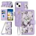 thumbnail image 1 of Compatible with iPhone 14 Plus Wallet Case for Women, Shoulder Strap + Wristband Premium PU Leather Floral Flip Cover with Card Holder Kickstand Feature Protective Purse Case, Purple, 1 of 8