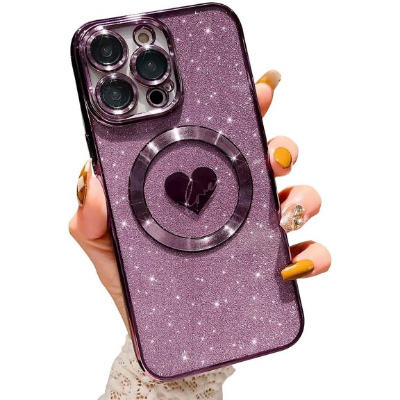 Compatible with iPhone 14 Pro 6.1 Inch Case with Magsafe, Plating Heart Glitter Magnetic Case for Women Girl TPU Camera Protection Back Cover for iPhone 14 Pro Purple