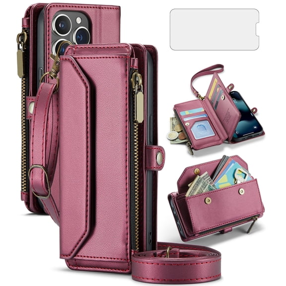 Compatible with iPhone 14 Pro 6.1 inch Zipper Wallet Phone Case Tempered Glass Screen Protector Crossbody Lanyard Strap Flip Card Holder Slot Cell Cover for iPhone14Pro 5G i i-Phone 14 Women Wine Red