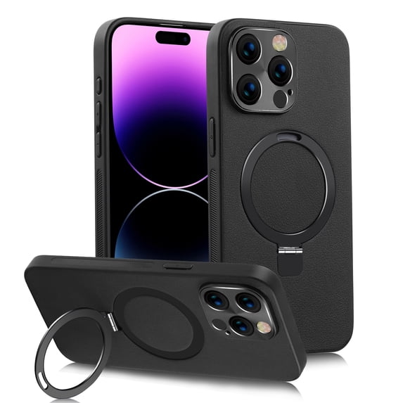 Compatible with iPhone 14 Pro Back Case, Classic PU Leather Rotating Magnetic Ring Kickstand Ultra Slim Lightweight Drop Protective Phone Case Cover for iPhone 14 Pro, Black