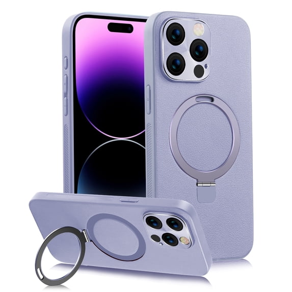 Compatible with iPhone 14 Pro Back Case, Classic PU Leather Rotating Magnetic Ring Kickstand Ultra Slim Lightweight Drop Protective Phone Case Cover for iPhone 14 Pro, Lightpurple
