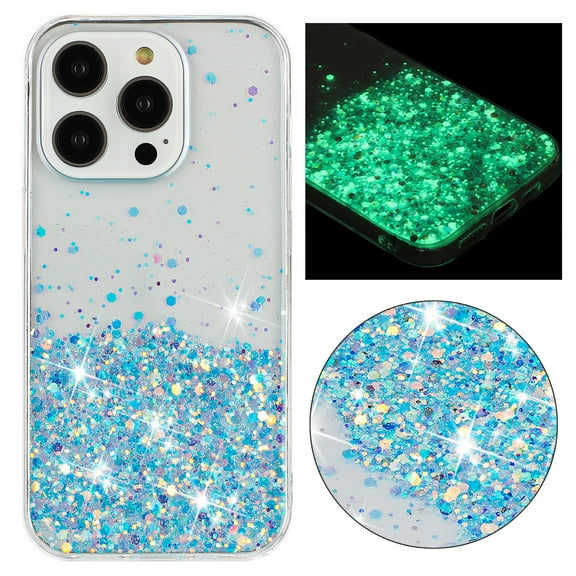 Compatible with iPhone 14 Pro Bling Case Glow in The Dark Noctiluncent Fluorescent Luminous Phone Case Women Girls Girly Glitter Sparkling Slim Soft TPU Bumper Protective Cover,Blue