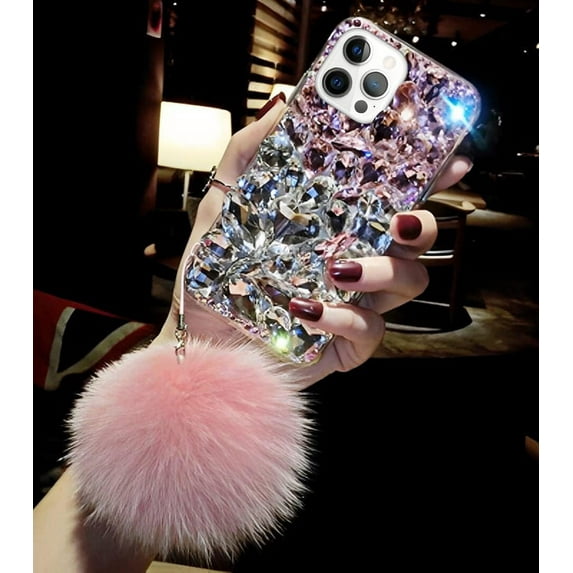 Compatible with iPhone 14 Pro Bling Case Luxury 3D Sparkle Diamond Crystal Rhinestones for Women Girls Glitter Case with Cute Furry Plush Ball Pendant Soft TPU Bumper Shiny Gemstone Cover