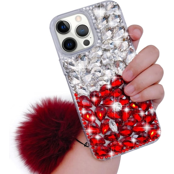 Compatible with iPhone 14 Pro Bling Case Luxury 3D Sparkle Diamond Crystal Rhinestones for Women Girls Glitter Case with Cute Furry Plush Ball Pendant Soft TPU Bumper Shiny Gemstone Cover