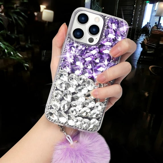 Compatible with iPhone 14 Pro Bling Case Luxury 3D Sparkle Diamond Crystal Rhinestones for Women Girls Glitter Case with Cute Furry Plush Ball Pendant Soft TPU Bumper Shiny Gemstone Cover