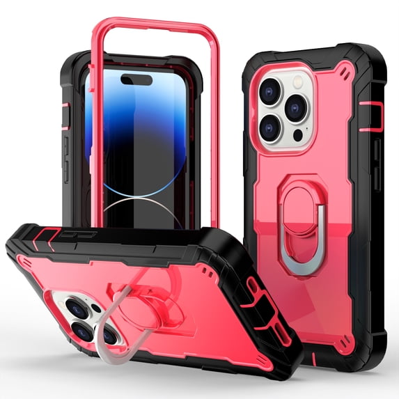 Compatible with iPhone 14 Pro Case 6.1 Inch 2022, Hybrid 2 in 1 Hard PC Soft TPU Heavy Duty Rugged Bumper Shockproof Full-Body Protective Cover with Finger Ring Kickstand,Black/Rose