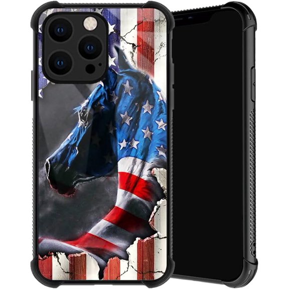 Compatible with iPhone 14 Pro Case, American Flag Horse Phone Cover for Men/Women, Soft TPU Anti-Skid Thread Frame Four Corner Anti-Collision Protection Case Compatible with iPhone 14 Pro