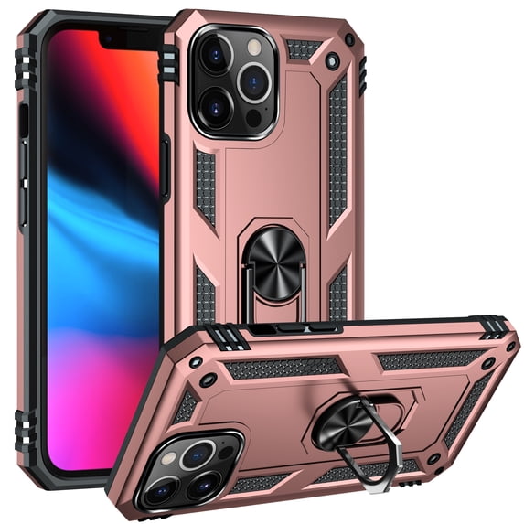 Compatible with iPhone 14 Pro Case Built-in 360 Ring Holder Kickstand, Extreme Protection Military Armor Magnetic Car Dual Layer Protective Heavy Duty Phone Cover For iPhone 14 Pro,Rosegold