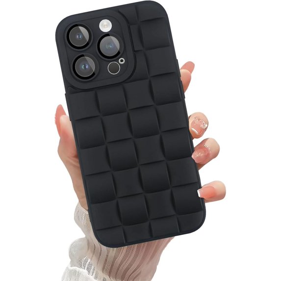 Compatible with iPhone 14 Pro Case with Camera Lens Protector, Cute 3D Plaid Design iPhone 14 Pro Phone Case for Women Girls, Soft TPU Shockproof Protective Cover 14 Pro Black