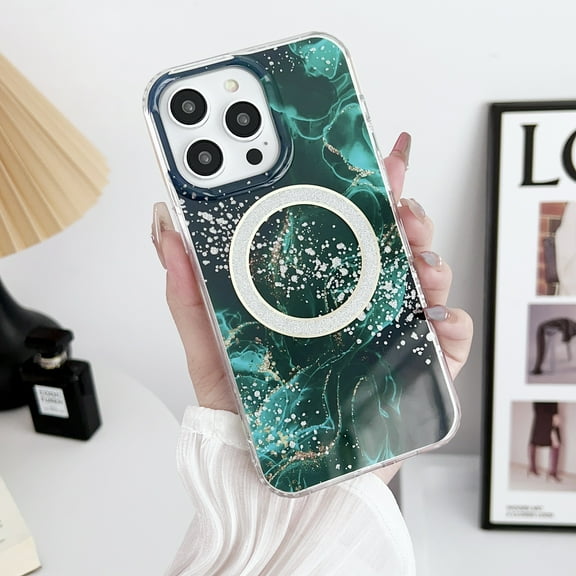 Compatible with iPhone 14 Pro Case Compatible with MagSafe, Transparent Marble White Glitter Point Case, Shockproof Protection Phone Case for Women Girls for iPhone 14 Pro - Darkgreen