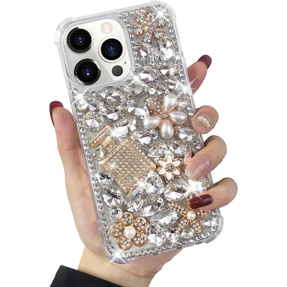 Compatible with iPhone 14 Pro Case Cute Bling Glitter for Women Girls 3D Rhinestone Dimaond Girly Handmade Perfume Bottle Flower Gem Fashion Luxury Shiny Sparkle Crystal Phone Case